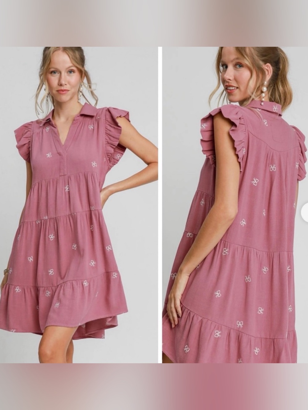 Umgee Flutter-Sleeve Tiered Mini Dress in Dusty Rose